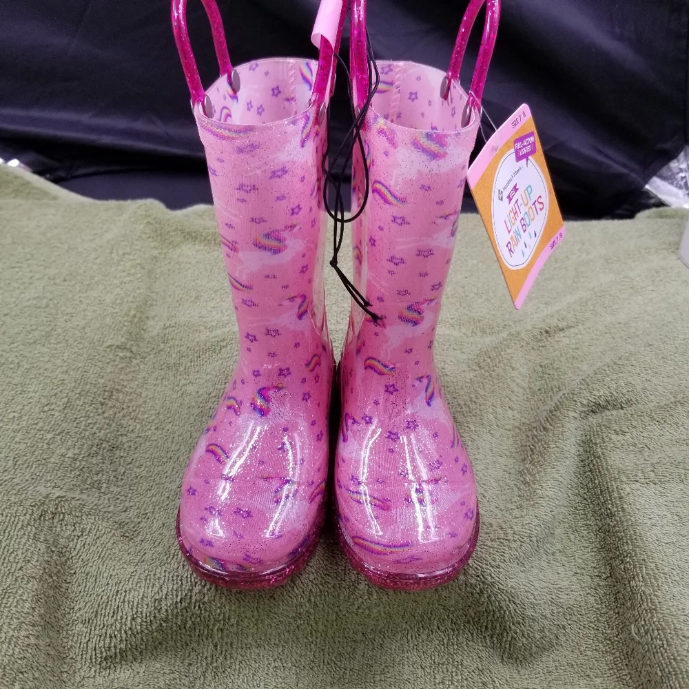 Girls New Pink/Purple Light Up Rain Boots w/ Stars & Rainbows Size 7/8